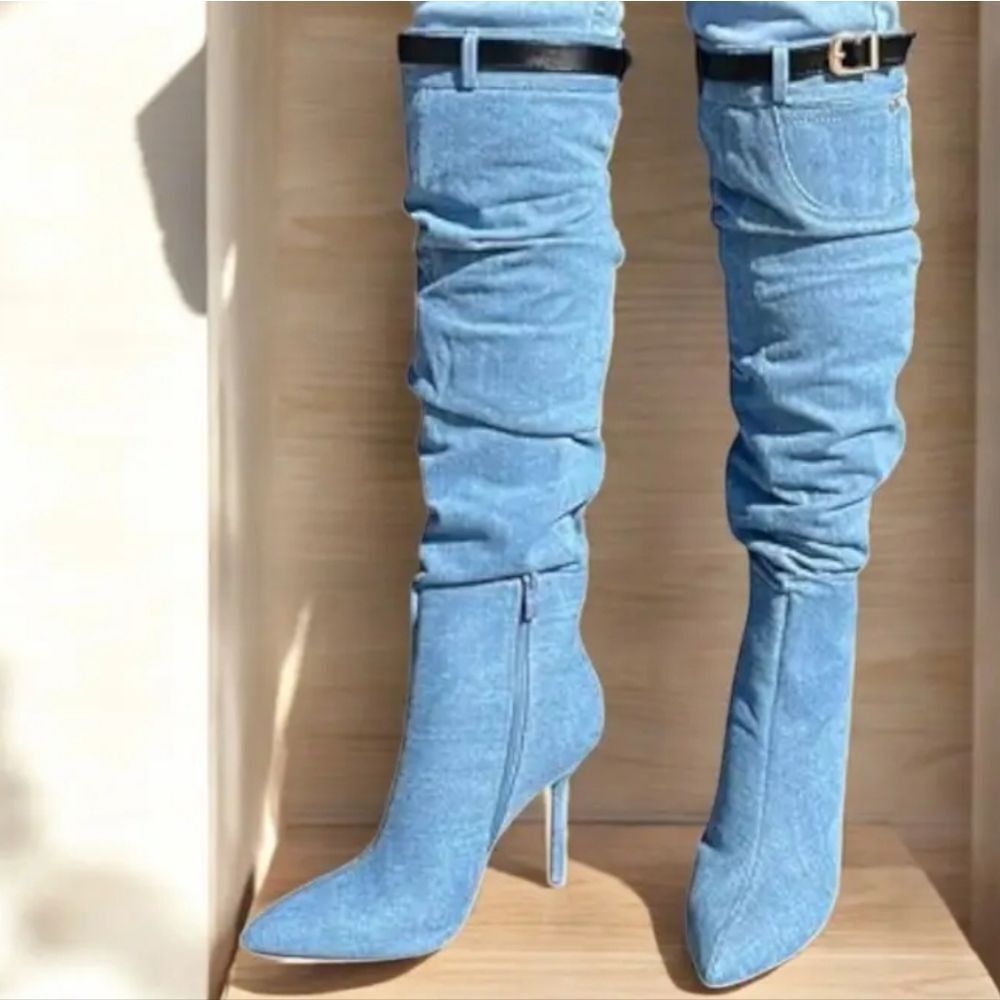 BRAND NEW SHOEDAZZLE BUCKLE OVER THE KNEE  STILETTO HEEL WOMENS SLOUCH BOOTS